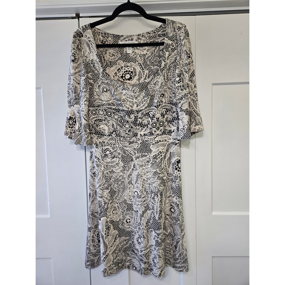 Diane von Furstenberg Silk Jersey Dress Black White Paisley Lace Bell Sleeve 8